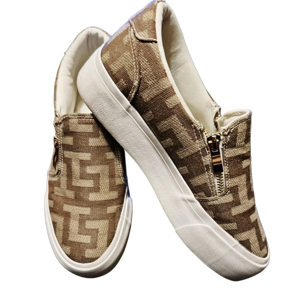 Show Dazzle- Beige Monogram Slip-On Sneakers w/ Side Zip Detail